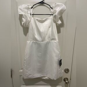 Lulu's White Satin Dress with Stylish Sleeves